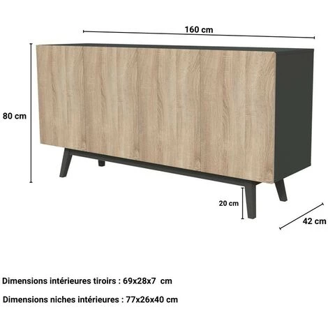 LE QUAI DES AFFAIRES Bahut HOME 4 Portes 2 Tiroirs / Noir Et Chêne Blanchi/ 160x42x80 Cm 4 LE QUAI DES AFFAIRES Bahut HOME 4 Portes 2 Tiroirs / Noir Et Chêne Blanchi/ 160x42x80 Cm – Image 4