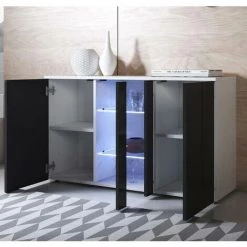 DESIGN AMEUBLEMENT Buffet Bahut 3 Portes 2 étagères Vitrine Avec LED | 120 X 72 X 40 Cm | Couleur Blanc Et Noir Finition Brillante | Meuble De Rangement | Modèle LUKE A1 - Blanc/Noir -Buffet et enfilade Soldes 23733971 3