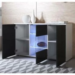 DESIGN AMEUBLEMENT Buffet Bahut 3 Portes 2 étagères Vitrine Avec LED | 120 X 72 X 40 Cm | Couleur Blanc Et Noir Finition Brillante | Meuble De Rangement | Modèle LUKE A2 - Blanc/Noir -Buffet et enfilade Soldes 23733972 3