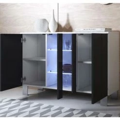 DESIGN AMEUBLEMENT Buffet Bahut 3 Portes 2 étagères Vitrine Avec LED | 120 X 82 X 40 Cm | Couleur Blanc Et Noir Finition Brillante | Pieds En Aluminium | Modèle LUKE A1 - Blanc/Noir -Buffet et enfilade Soldes 23734007 3