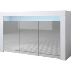 DESIGN AMEUBLEMENT Buffet Bahut 3 Portes Avec LED | 155 X 91,5 X 37cm | Couleur Blanc Et Gris Finition Brillante | Meuble De Rangement | Modèle AKER - Blanc/Gris
