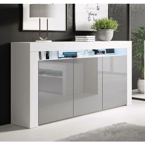 DESIGN AMEUBLEMENT Buffet Bahut 3 Portes Avec LED | 155 X 91,5 X 37cm | Couleur Blanc Et Gris Finition Brillante | Meuble De Rangement | Modèle AKER - Blanc/Gris 3 DESIGN AMEUBLEMENT Buffet Bahut 3 Portes Avec LED | 155 X 91,5 X 37cm | Couleur Blanc Et Gris Finition Brillante | Meuble De Rangement | Modèle AKER - Blanc/Gris â Image 3