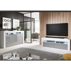 DESIGN AMEUBLEMENT Buffet Bahut 3 Portes Avec LED | 155 X 91,5 X 37cm | Couleur Blanc Et Gris Finition Brillante | Meuble De Rangement | Modèle AKER - Blanc/Gris 8 DESIGN AMEUBLEMENT Buffet Bahut 3 Portes Avec LED | 155 X 91,5 X 37cm | Couleur Blanc Et Gris Finition Brillante | Meuble De Rangement | Modèle AKER - Blanc/Gris -Buffet et enfilade Soldes 23734104 4