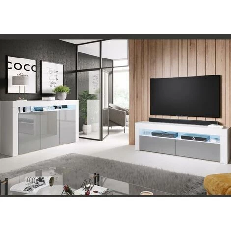 DESIGN AMEUBLEMENT Buffet Bahut 3 Portes Avec LED | 155 X 91,5 X 37cm | Couleur Blanc Et Gris Finition Brillante | Meuble De Rangement | Modèle AKER - Blanc/Gris 4 DESIGN AMEUBLEMENT Buffet Bahut 3 Portes Avec LED | 155 X 91,5 X 37cm | Couleur Blanc Et Gris Finition Brillante | Meuble De Rangement | Modèle AKER - Blanc/Gris â Image 4