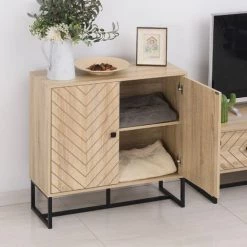 HOMCOM Buffet Meuble De Rangement 2 Portes Bois Et Pieds En Métal Noir Dim. 80L X 29,5l X 80H Cm - Bois Naturel -Buffet et enfilade Soldes 23980416 4