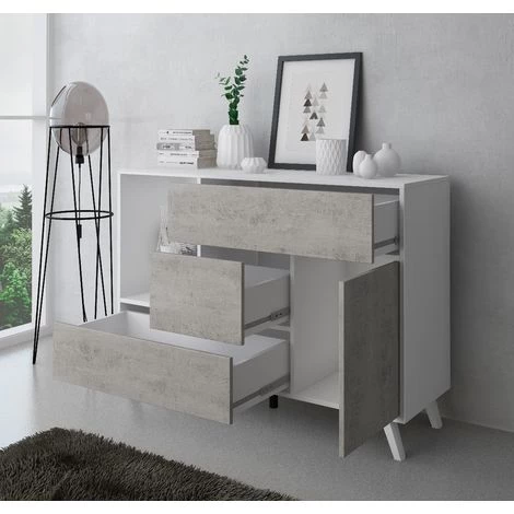 SKRAUT HOME Buffet De Salon/salle A Manger, Buffet WIND 1 Porte, 3 Tiroirs, Structure Couleur BLANC MAT, Porte Et Tiroirs Couleur CIMENT. Taille : 120x40x86cm. - BLANC 3 SKRAUT HOME Buffet De Salon/salle A Manger, Buffet WIND 1 Porte, 3 Tiroirs, Structure Couleur BLANC MAT, Porte Et Tiroirs Couleur CIMENT. Taille : 120x40x86cm. - BLANC – Image 3