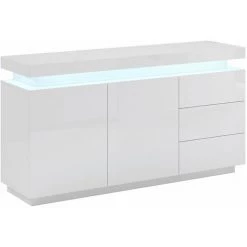 DESIGN AMEUBLEMENT Buffet Bahut 2 Portes 3 Tiroirs Avec LED | 150 X 80 X 40 Cm | Couleur Blanc Finition Brillante | Meuble De Rangement | Modèle OSIM - Blanc