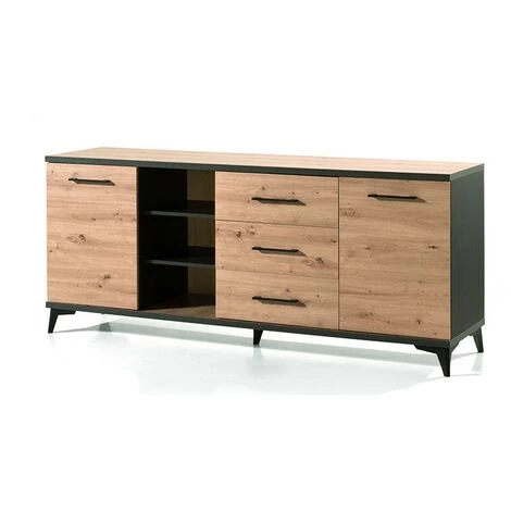 ALCOS Buffet 2 Portes 3 Tiroirs Lodz - Naturel Clair - Naturel Et Noir 1 ALCOS Buffet 2 Portes 3 Tiroirs Lodz - Naturel Clair - Naturel Et Noir