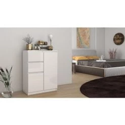 HUCOCO PARME - Commode Moderne Salon/chambre/bureau 97x70x40 - 2 Portes + 2 Tiroirs - Buffet Contemporain Séjour - Effet Gloss - Blanc -Buffet et enfilade Soldes 24635514 3