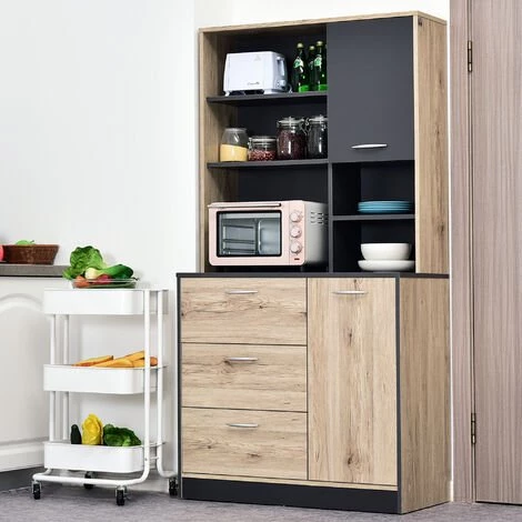 HOMCOM Armoire De Cuisine Multi-rangements 2 Portes 3 Tiroirs 3 étagères + Grand Plateau 90L X 39l X 169H Cm Bicolore Chêne Clair Gris 2 HOMCOM Armoire De Cuisine Multi-rangements 2 Portes 3 Tiroirs 3 étagères + Grand Plateau 90L X 39l X 169H Cm Bicolore Chêne Clair Gris – Image 2