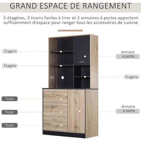 HOMCOM Armoire De Cuisine Multi-rangements 2 Portes 3 Tiroirs 3 étagères + Grand Plateau 90L X 39l X 169H Cm Bicolore Chêne Clair Gris 4 HOMCOM Armoire De Cuisine Multi-rangements 2 Portes 3 Tiroirs 3 étagères + Grand Plateau 90L X 39l X 169H Cm Bicolore Chêne Clair Gris – Image 4