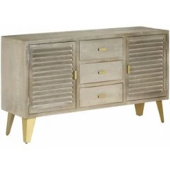 Hommoo Armoire A Tiroirs Bois De Manguier Gris Avec Laiton 140x40x80cm HDV12609