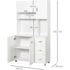 HOMCOM Armoire De Cuisine Multi-rangements 4 Portes 3 Tiroirs étagère + Grand Plateau 100L X 39l X 183H Cm MDF Blanc - Blanc -Buffet et enfilade Soldes 25571005 3