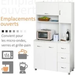 HOMCOM Armoire De Cuisine Multi-rangements 4 Portes 3 Tiroirs étagère + Grand Plateau 100L X 39l X 183H Cm MDF Blanc - Blanc -Buffet et enfilade Soldes 25571005 5