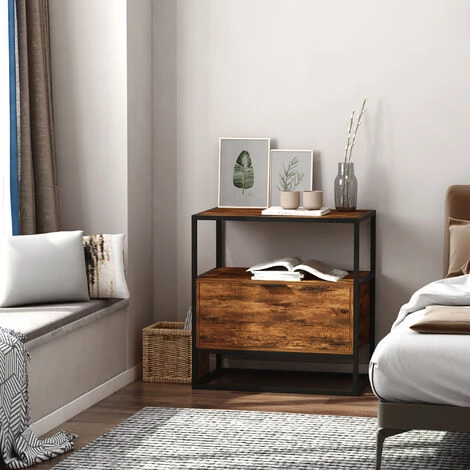 HOMCOM Console Meuble De Rangement Style Industriel Vintage Grand Tiroir, étagère Et Plateau Aspect Vieux Bois Veinage Métal Noir - Marron 2 HOMCOM Console Meuble De Rangement Style Industriel Vintage Grand Tiroir, étagère Et Plateau Aspect Vieux Bois Veinage Métal Noir - Marron – Image 2