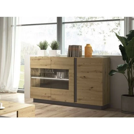 Buffets BOBOCHIC - Buffet 139 Cm Portes Vitrées ARCOMA Chêne Et Gris - Marron 3 Buffets BOBOCHIC - Buffet 139 Cm Portes Vitrées ARCOMA Chêne Et Gris - Marron – Image 3