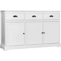 COSTWAY Buffet à 3 Tiroirs Et 3 Portes, Meuble De Rangement De Salle à Manger Avec Etagères Réglables, Style Contemporain, 136 X 42,5 X 86cm, Blanc
