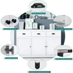 COSTWAY Buffet à 3 Tiroirs Et 3 Portes, Meuble De Rangement De Salle à Manger Avec Etagères Réglables, Style Contemporain, 136 X 42,5 X 86cm, Blanc -Buffet et enfilade Soldes 26744206 3