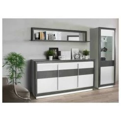 MEUBLETMOI Buffet Bahut 3 Portes 193 Cm, Bois Blanc Et Gris, Lumière LED - CALVI - Blanc 5 MEUBLETMOI Buffet Bahut 3 Portes 193 Cm, Bois Blanc Et Gris, Lumière LED - CALVI - Blanc -Buffet et enfilade Soldes 26797841 2