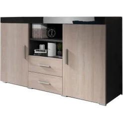 DESIGN AMEUBLEMENT Buffet Bahut 2 Portes 2 Tiroirs | 140 X 80 X 40 Cm | Couleur Noir Brillant Et Sonoma Finition Mate | Meuble De Rangement | Modèle ROQUE - Sonoma/Black