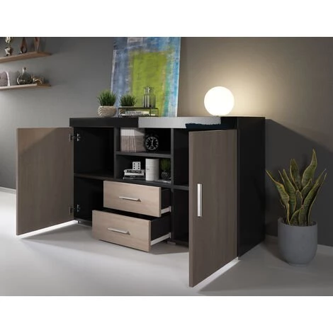 DESIGN AMEUBLEMENT Buffet Bahut 2 Portes 2 Tiroirs | 140 X 80 X 40 Cm | Couleur Noir Brillant Et Sonoma Finition Mate | Meuble De Rangement | Modèle ROQUE - Sonoma/Black 5 DESIGN AMEUBLEMENT Buffet Bahut 2 Portes 2 Tiroirs | 140 X 80 X 40 Cm | Couleur Noir Brillant Et Sonoma Finition Mate | Meuble De Rangement | Modèle ROQUE - Sonoma/Black – Image 5