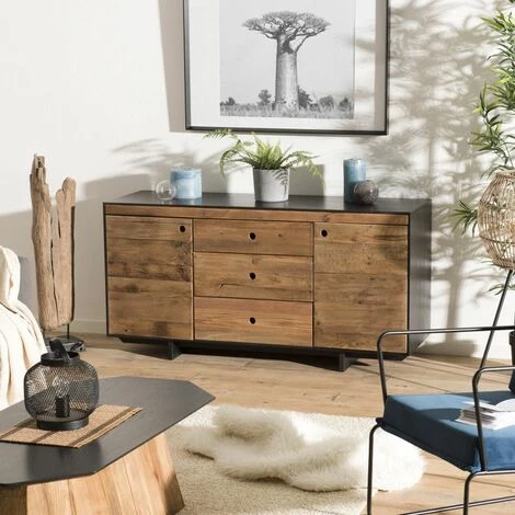 MACABANE ANDREA - Buffet 2 Portes 3 Tiroirs Bois Pin Recyclé Naturel Et Noir - Brun 4 MACABANE ANDREA - Buffet 2 Portes 3 Tiroirs Bois Pin Recyclé Naturel Et Noir - Brun – Image 4