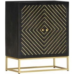 TRUE DEAL Buffet Noir Et Doré 60 X 30 X 75 Cm Bois De Manguier Massif