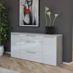 LLB LIVING LIFE BED Buffet 160x45cm Design Moderne Blanc Salon Cuisine Leyla