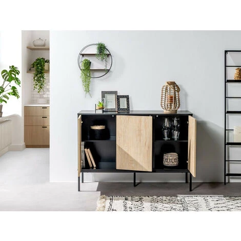 Buffets BOBOCHIC - Buffet 120 Cm 3 Portes RAVEN Imitation Chêne Blanchi - Noir 4 Buffets BOBOCHIC - Buffet 120 Cm 3 Portes RAVEN Imitation Chêne Blanchi - Noir – Image 4