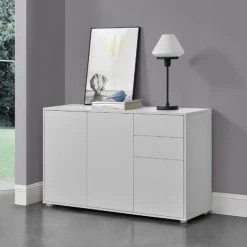 Commode Stylée Meuble De Rangement Pratique Avec 2 Tiroirs 3 Portes Panneau De Particules 74 X 117 X 36 Cm Blanc Mat [en.casa]
