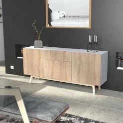 LE QUAI DES AFFAIRES Bahut HOME 3 Portes 1 Tiroir / Blanc Et Chêne Blanchi/ 42