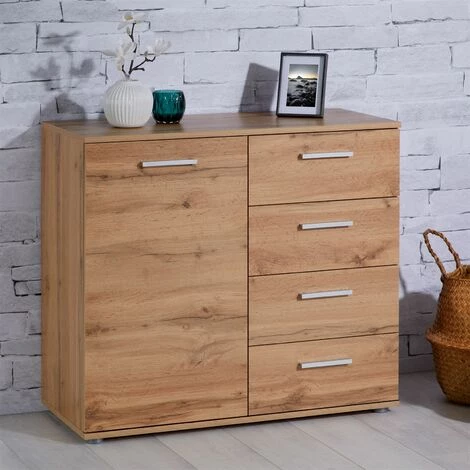 IDIMEX Buffet CHICAGO Commode Meuble De Rangement En Mélaminé Décor Chêne Wotan, Avec 4 Tiroirs Et 1 Porte - Chêne Wotan 2 IDIMEX Buffet CHICAGO Commode Meuble De Rangement En Mélaminé Décor Chêne Wotan, Avec 4 Tiroirs Et 1 Porte - Chêne Wotan – Image 2