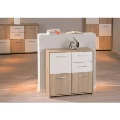 CAESAROO Buffet De Salon 77 Cm Chêne Clair Et Laqué Blanc Avec 3 Portes Et 2 Tiroirs | Chêne Et Blanc