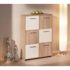 CAESAROO Buffet De Salon 115 Cm Chêne Clair Et Laqué Blanc Avec 6 Portes | Chêne Et Blanc