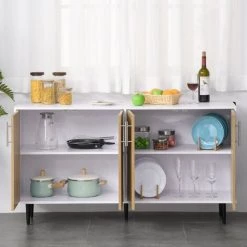 HOMCOM Buffet Meuble De Rangement 2 Placards 2 Portes Avec étagères Réglables Blanc Chêne Clair - Beige -Buffet et enfilade Soldes 29522186 5