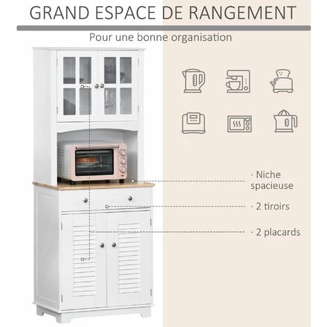 HOMCOM Armoire De Cuisine 2 Placards 2 Portes Persiennes Et Acryliques 2 Tiroirs Grande Niche Bois Caoutchouc MDF Blanc 4 HOMCOM Armoire De Cuisine 2 Placards 2 Portes Persiennes Et Acryliques 2 Tiroirs Grande Niche Bois Caoutchouc MDF Blanc – Image 4