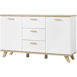 Commode Avec 2 Portes Et 3 Tiroirs Coloris Blanc/Sanremo-chêne-Nb, L144 X H87 X P40 Cm -PEGANE-