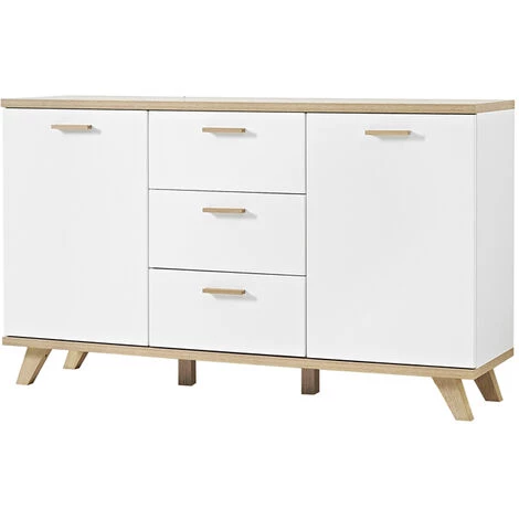 Commode Avec 2 Portes Et 3 Tiroirs Coloris Blanc/Sanremo-chêne-Nb, L144 X H87 X P40 Cm -PEGANE- 1 Commode Avec 2 Portes Et 3 Tiroirs Coloris Blanc/Sanremo-chêne-Nb, L144 X H87 X P40 Cm -PEGANE-