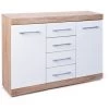 Commode 4 Tiroirs Et 2 Portes En Blanc Et Chêne - Dim : L 155 X H 87 X P 40 Cm -PEGANE-