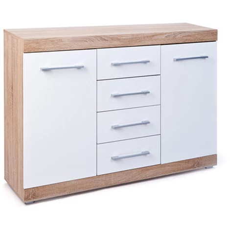 Commode 4 Tiroirs Et 2 Portes En Blanc Et Chêne - Dim : L 155 X H 87 X P 40 Cm -PEGANE- 1 Commode 4 Tiroirs Et 2 Portes En Blanc Et Chêne - Dim : L 155 X H 87 X P 40 Cm -PEGANE-