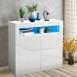 KEEPBUYING NOUVEAU Buffet Bas Blanc Laque Brillant Placard Blanc Avec Deux Porte - H92CM -Buffet et enfilade Soldes 29980687 3