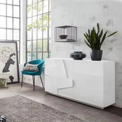 AHD AMAZING HOME DESIGN Buffet Commode 2 Portes 3 Tiroirs Coulissants Moderne Blanc Ping Side M