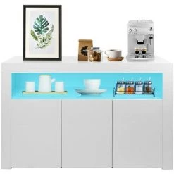 KEEPBUYING Dripex Buffet Bahut 3 Portes Avec LED Blanc Meuble De Rangement - 130x40cmx88cm