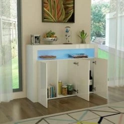 KEEPBUYING Dripex Buffet Bahut 3 Portes Avec LED Blanc Meuble De Rangement - 130x40cmx88cm -Buffet et enfilade Soldes 30137808 5