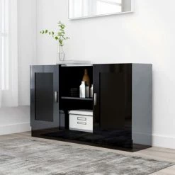 TRUE DEAL Buffet Noir Brillant 120x30,5x70 Cm Aggloméré
