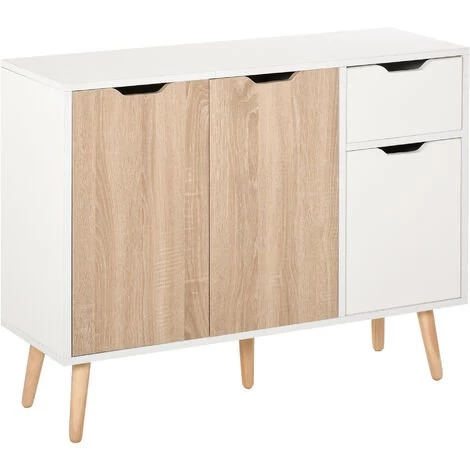HOMCOM Buffet Design Scandinave 2 Placards Tiroir Coulissant Pieds Bois Massif Pin Panneaux Particules Blanc Chêne Clair 1 HOMCOM Buffet Design Scandinave 2 Placards Tiroir Coulissant Pieds Bois Massif Pin Panneaux Particules Blanc Chêne Clair
