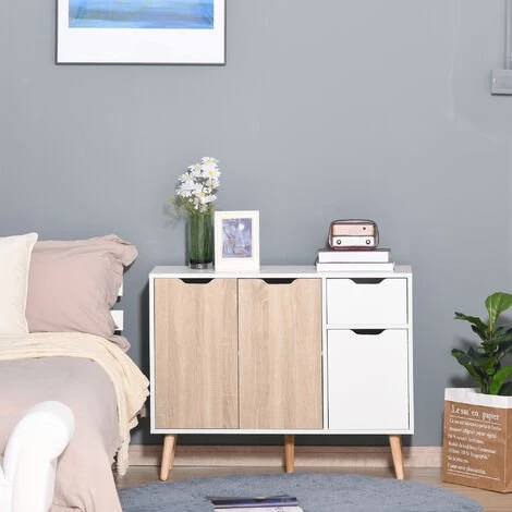 HOMCOM Buffet Design Scandinave 2 Placards Tiroir Coulissant Pieds Bois Massif Pin Panneaux Particules Blanc Chêne Clair 2 HOMCOM Buffet Design Scandinave 2 Placards Tiroir Coulissant Pieds Bois Massif Pin Panneaux Particules Blanc Chêne Clair – Image 2