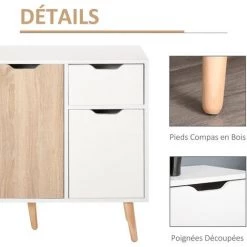 HOMCOM Buffet Design Scandinave 2 Placards Tiroir Coulissant Pieds Bois Massif Pin Panneaux Particules Blanc Chêne Clair 9 HOMCOM Buffet Design Scandinave 2 Placards Tiroir Coulissant Pieds Bois Massif Pin Panneaux Particules Blanc Chêne Clair -Buffet et enfilade Soldes 30811849 5