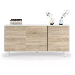 CAESAROO Buffet Salon 154 Cm Blanc Brillant Et Chêne Canadien Avec Trois Portes | Couleur