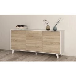CAESAROO Buffet Salon 154 Cm Blanc Brillant Et Chêne Canadien Avec Trois Portes | Couleur -Buffet et enfilade Soldes 31455977 3